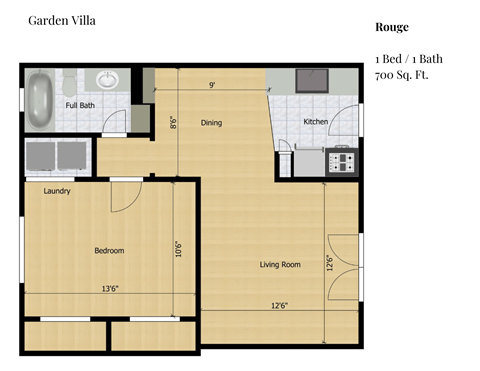 Floor plan for 2 beds, 1 bath, 700 sqft
